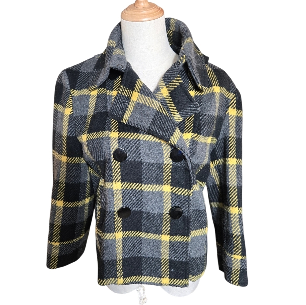 Seven7 Grey And Yellow Plaid Double Breasted Cropped Coat